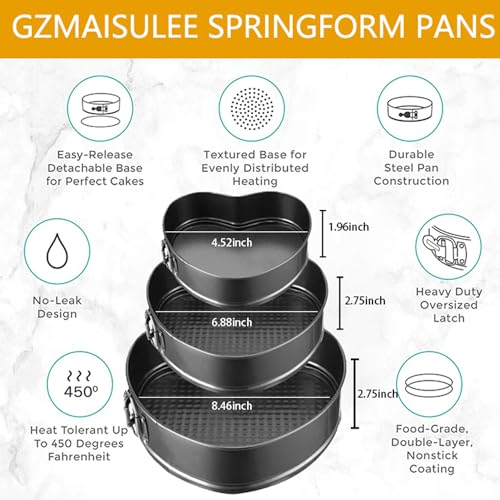 GZMAISULEE Springform Cake Pan Set of 3 4 7 9 Inch Heart Leakproof Nonstick Cheesecake Pans with Removable Bottom Carbon Steel Bakeware - Image 3