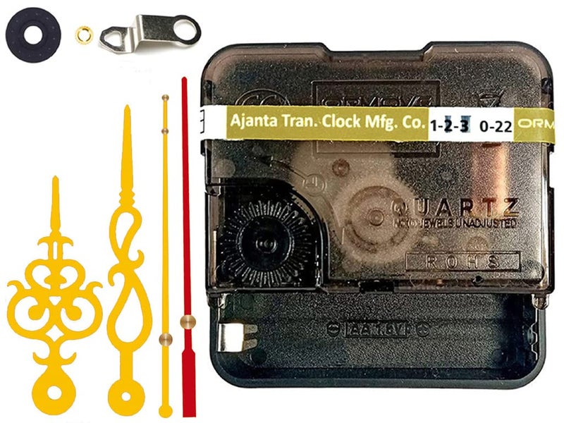 YONOTA ® Ajanja Mfg. Quartz Machine for Big Size Wall Clock,Battery Operated,Clock Movement Machine with Needles and Hook 12 MM (100% Made in India) (Gold,Red 1) - Image 1