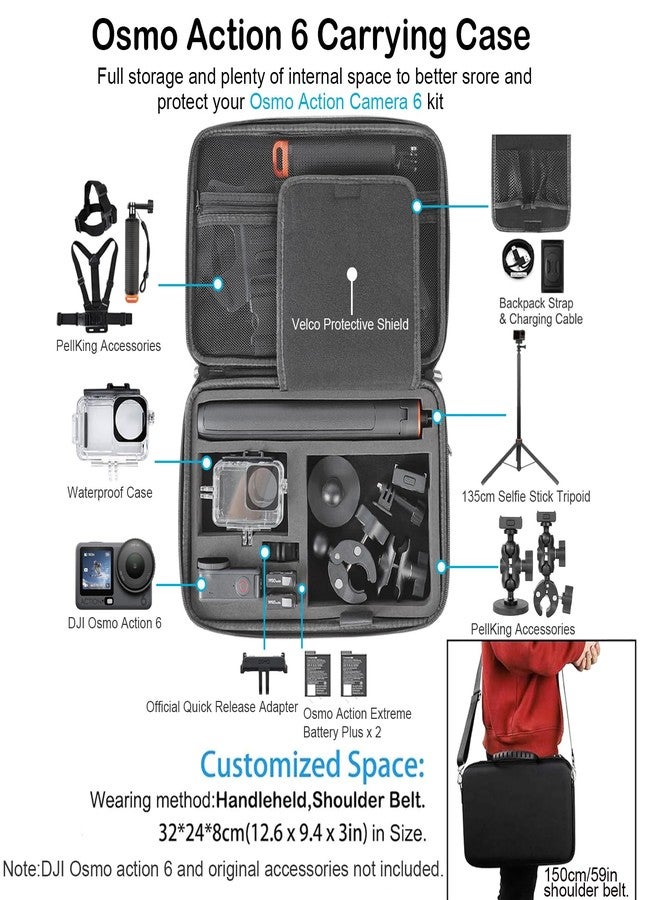 PellKing Accessories Kit for Osmo Action 6,Included Carrying Case with Belt,135cm Selfie Stick Tripod with Magnetic Mount,Magnetic Mount,Handlebar Mount,4 Pcs Body Strap Mount,Screen Protector - Image 3