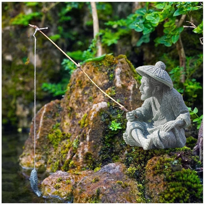 livelyfish Mini Fisherman Statue Asian Zen Decoration Sitting Fishing Figurines Sandstone Vintage Ornament for Aquarium Fish Tank Pot Garden Home Japanese Decor A