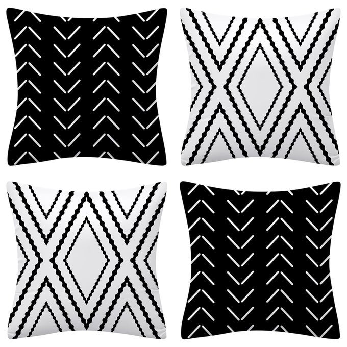 SET OF 4 PILLOW COVERS 18X18 INCHES BLACK AND WHITE BOHO THROW PILLOW COVERS MODERN GEOMETRIC PATTERN DECORATIVE CUSHION PILLOWCASES FOR HOME DECOR COUCH BEDROOM SOFA CHAIR CAR
