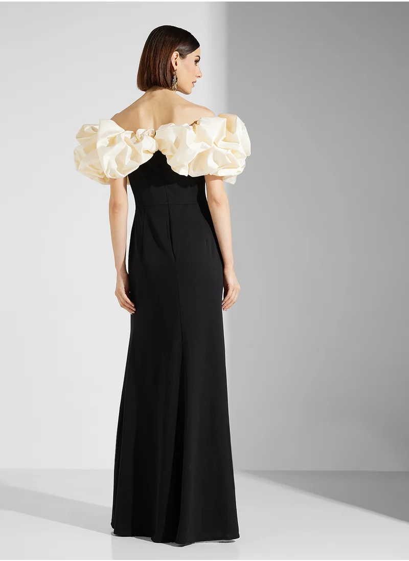 نمشي x Two Toned Off Shoulder Dress With Statement Ruffles