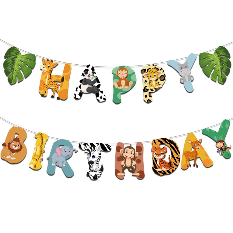Ysqool Safari Animals Happy Birthday Banner Jungle Party Sign Decorations Wild One Animal Themed Bunting for Jungle Safari Birthday Party Zoo Animal Garland for Boys Girls Baby Shower - Image 2