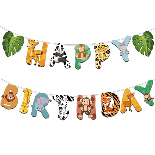 Ysqool Safari Animals Happy Birthday Banner Jungle Party Sign Decorations Wild One Animal Themed Bunting for Jungle Safari Birthday Party Zoo Animal Garland for Boys Girls Baby Shower - Image 1
