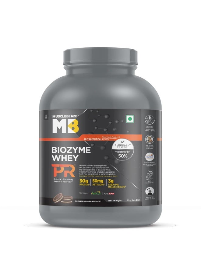 مسل بلايز مسحوق بروتين مصل اللبن MuscleBlaze Biozyme Whey Protein PR (يحتوي على 30 جم بروتين، و3 جم كرياتين مونوهيدرات، و50 مجم AstraGin) - نكهة الكوكيز والكريمة، عبوة 2 كجم / 4.4 رطل | حاصل على شهادة Trustified Gold - Image 1