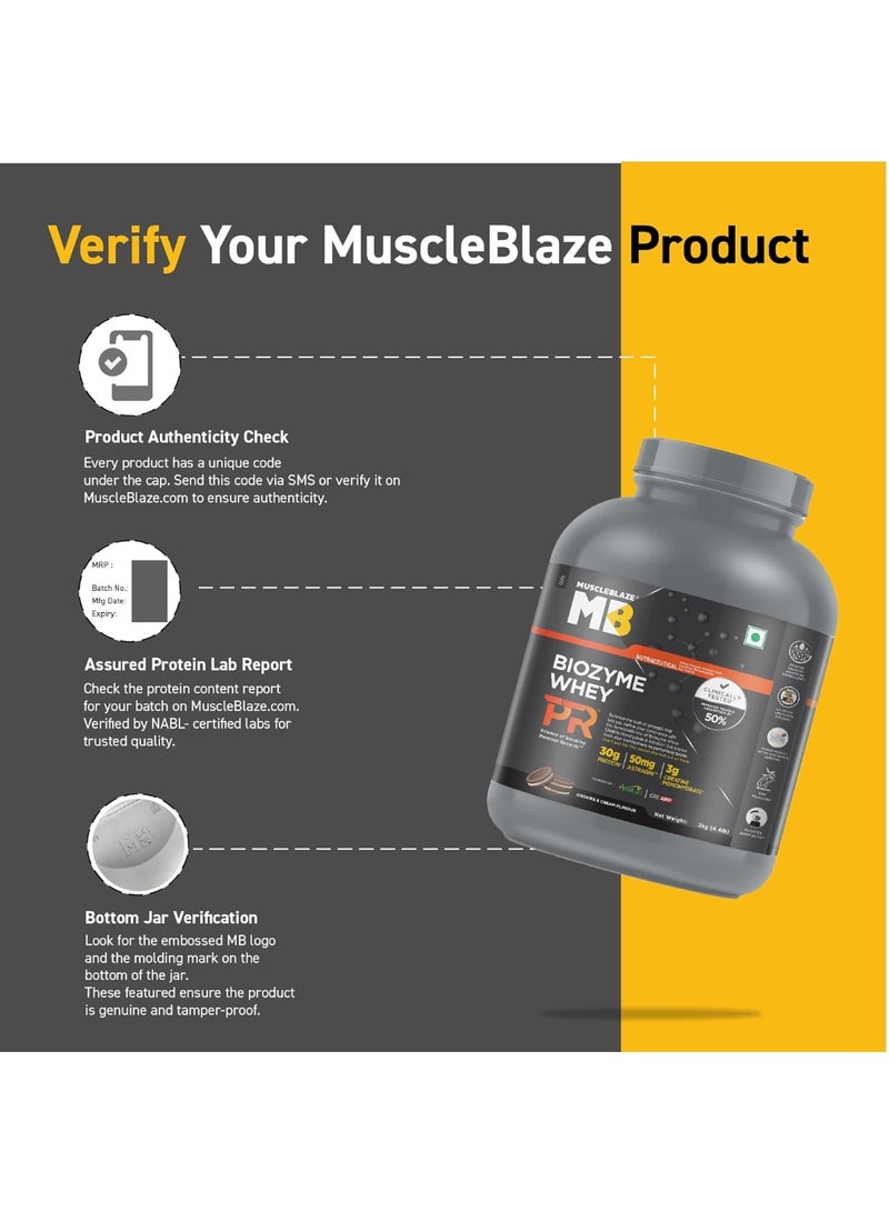 مسل بلايز مسحوق بروتين مصل اللبن MuscleBlaze Biozyme Whey Protein PR (يحتوي على 30 جم بروتين، و3 جم كرياتين مونوهيدرات، و50 مجم AstraGin) - نكهة الكوكيز والكريمة، عبوة 2 كجم / 4.4 رطل | حاصل على شهادة Trustified Gold - Image 3