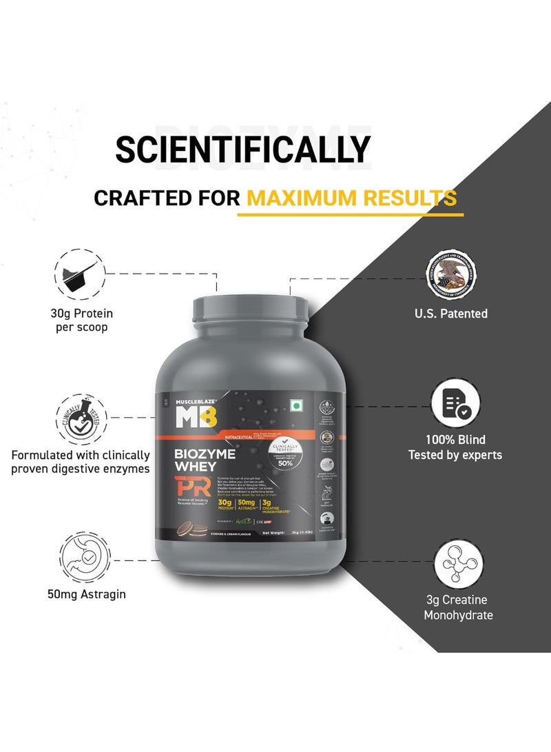 مسل بلايز مسحوق بروتين مصل اللبن MuscleBlaze Biozyme Whey Protein PR (يحتوي على 30 جم بروتين، و3 جم كرياتين مونوهيدرات، و50 مجم AstraGin) - نكهة الكوكيز والكريمة، عبوة 2 كجم / 4.4 رطل | حاصل على شهادة Trustified Gold - Image 2