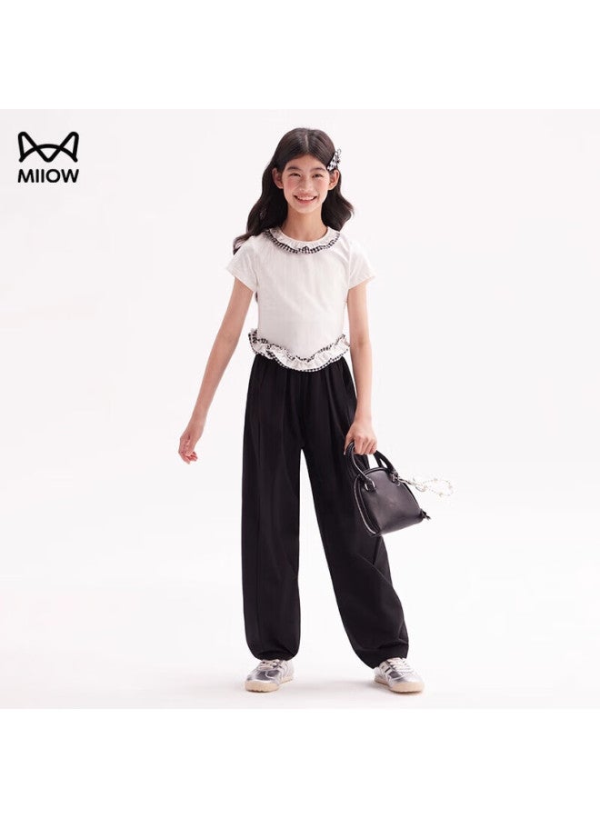 MIIOW Girls' Pants Spring And Autumn New Style Big Kids Casual Umbrella Pants Wide Leg Pants Black 150 - Image 2