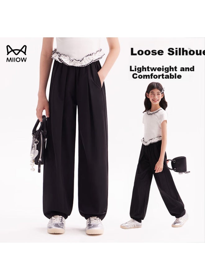 MIIOW Girls' Pants Spring And Autumn New Style Big Kids Casual Umbrella Pants Wide Leg Pants Black 150 - Image 1
