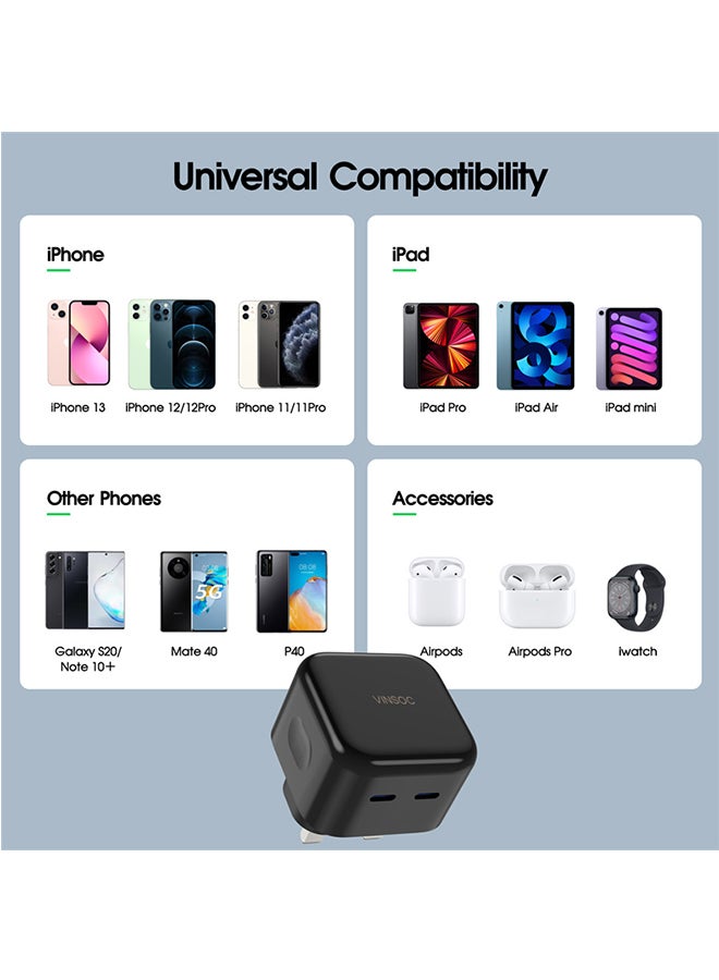 فينسوك ٣٥ واط محول شاحن USB C مزدوج PD GaN مع واجهتين يو إس بي متوافق مع ماكبوك إير / آيفون ١٤ / ١٤ بلس / ١٤ برو / ١٤ برو ماكس / ١٣ برو / ١٣ برو ماكس / ١٣ / ١٢ / ١١ أسود. - Image 5