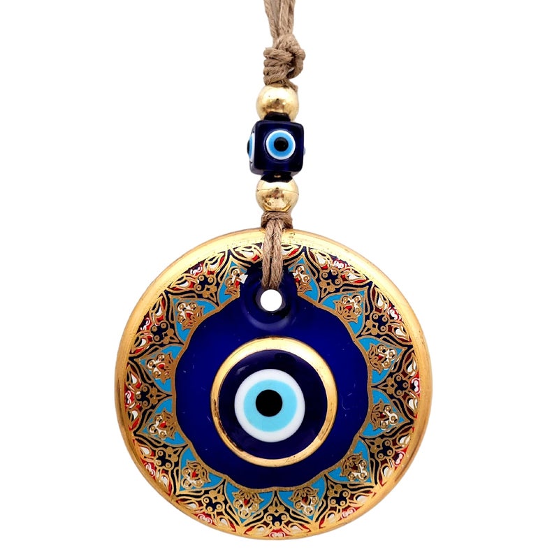 Candymosa 43 Glass Blue Evil Eye Wall Hanging Floral Design Gold Ornament Home Protection Charm Evil Eye Wall Decor Turkish Nazar Amulet