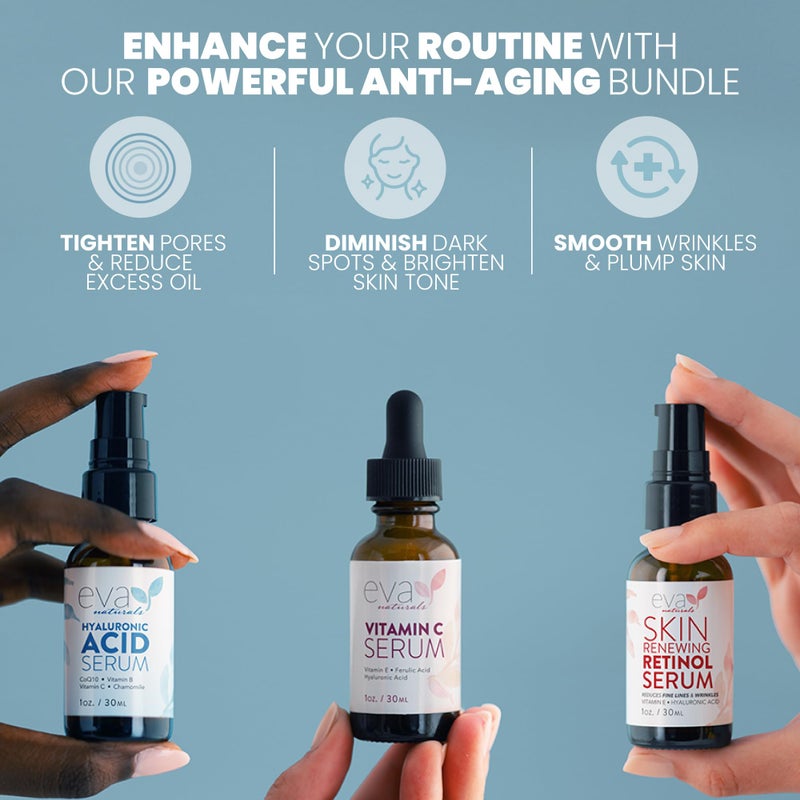 Eva Naturals Anti-Aging Serum Set â€“ Vitamin C, Retinol & Hyaluronic Acid Serums for Face, Hydrating Bundle for Skin, Fine Lines, Wrinkles, Collagen, Firming, Plumping, Radiance & Youthful Hydration - Image 2