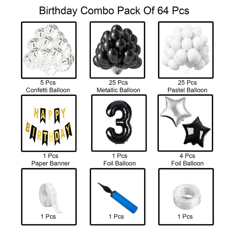 Crazykart 3 Year Happy Birthday Decoration Kit Combo With Star Foil Confettie Balloons Pump Arche For Kids Party Decorations (Pack of 64) Black-White - Image 2