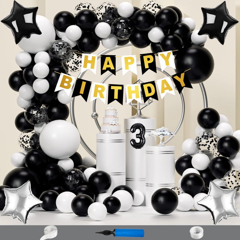 Crazykart 3 Year Happy Birthday Decoration Kit Combo With Star Foil Confettie Balloons Pump Arche For Kids Party Decorations (Pack of 64) Black-White - Image 1