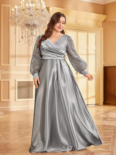 XUIBOL Plus Size Women's Sequin Patchwork Long Sleeve Evening Party Dress Grey 20 - Image 5