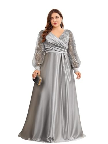 XUIBOL Plus Size Women's Sequin Patchwork Long Sleeve Evening Party Dress Grey 20 - Image 1