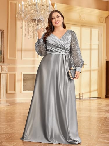 XUIBOL Plus Size Women's Sequin Patchwork Long Sleeve Evening Party Dress Grey 20 - Image 3