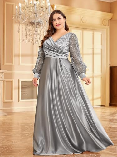 XUIBOL Plus Size Women's Sequin Patchwork Long Sleeve Evening Party Dress Grey 20 - Image 4