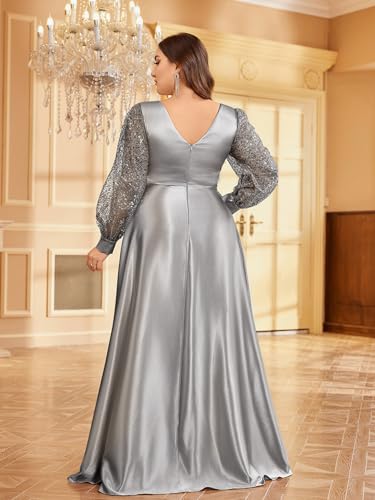 XUIBOL Plus Size Women's Sequin Patchwork Long Sleeve Evening Party Dress Grey 20 - Image 2