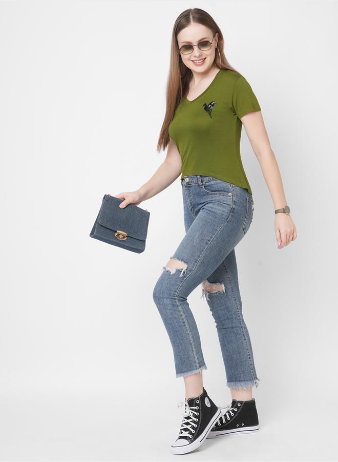 ميش تيشيرت ميش نسائي بأكمام قصيرة مطرز بطائر باللون الزيتوني - Image 3