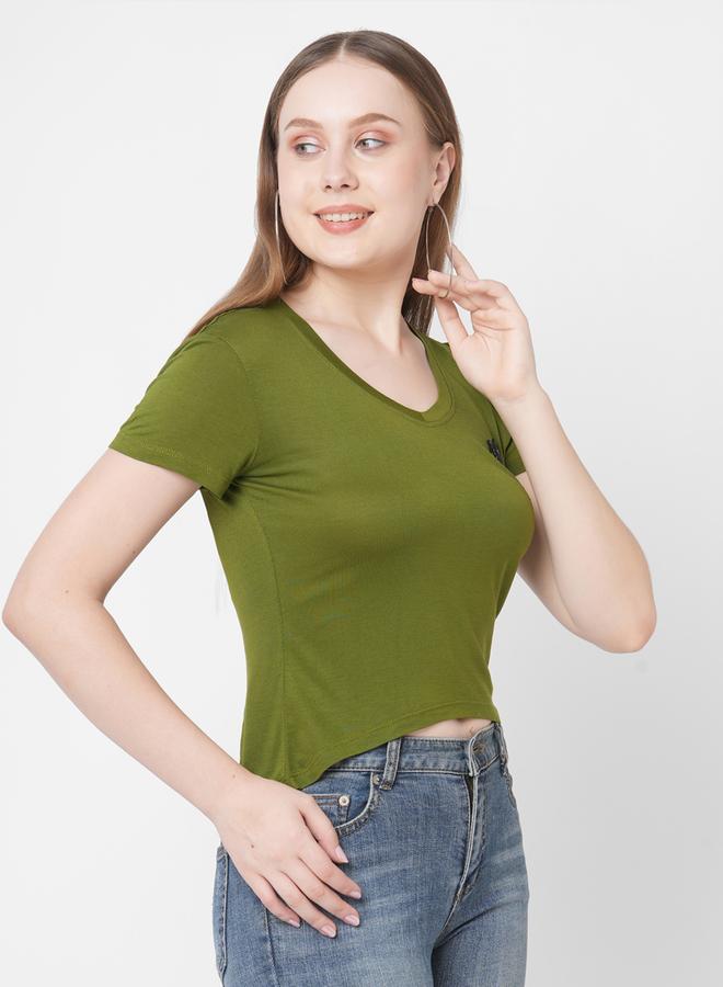 ميش تيشيرت ميش نسائي بأكمام قصيرة مطرز بطائر باللون الزيتوني - Image 1