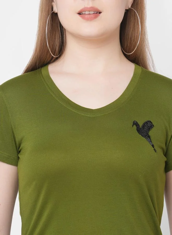 Mish Mish Women Olive Embroidered Bird Detail Short Sleeve T-Shirt