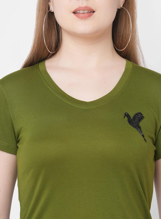 ميش تيشيرت ميش نسائي بأكمام قصيرة مطرز بطائر باللون الزيتوني - Image 2
