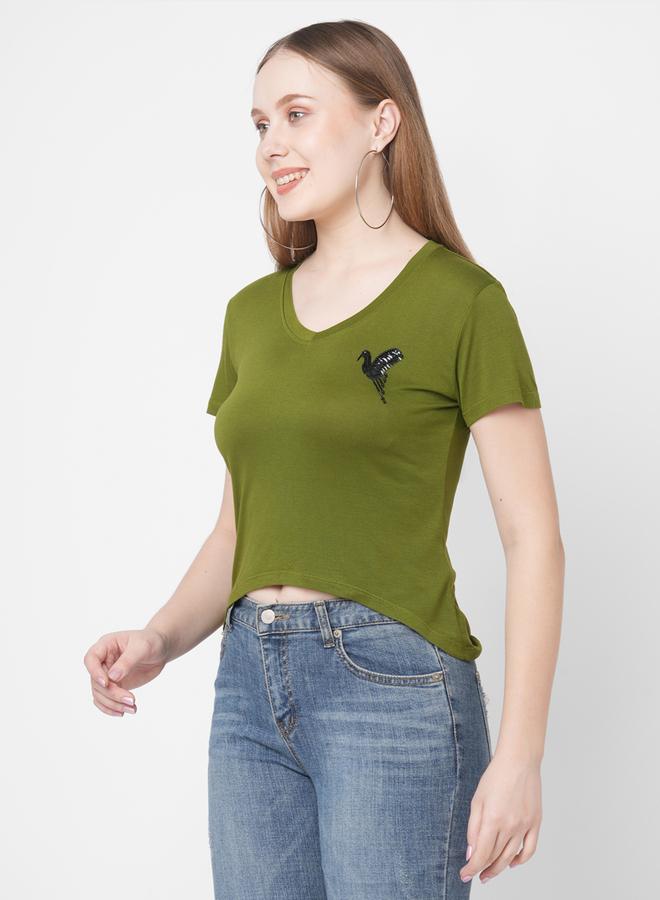 ميش تيشيرت ميش نسائي بأكمام قصيرة مطرز بطائر باللون الزيتوني - Image 4