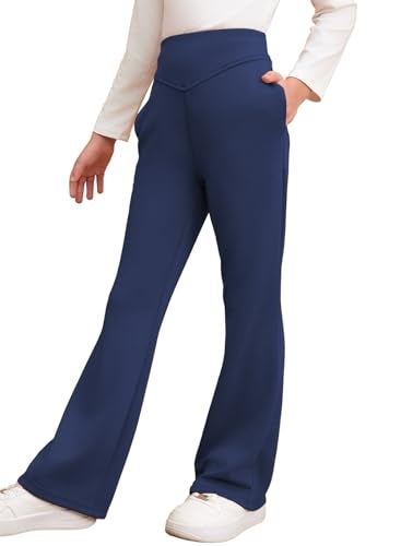 blibean Teen Girls Flare Pants Big Kid Fall Bell Bottom Leggings Solid Casual School Uniform Elastic High Waist Pant Spring Formal Wide Leg Legging with Pockets Size 8-9 Year Old Navy Blue - Image 1