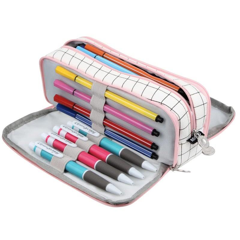 Chelory Big Capacity Pencil Case Large Storage Pencil Bag Pouch Marker 3 Compartment Stationery Pen Cases Holder for Adults Office Organizer Gifts Plaid White