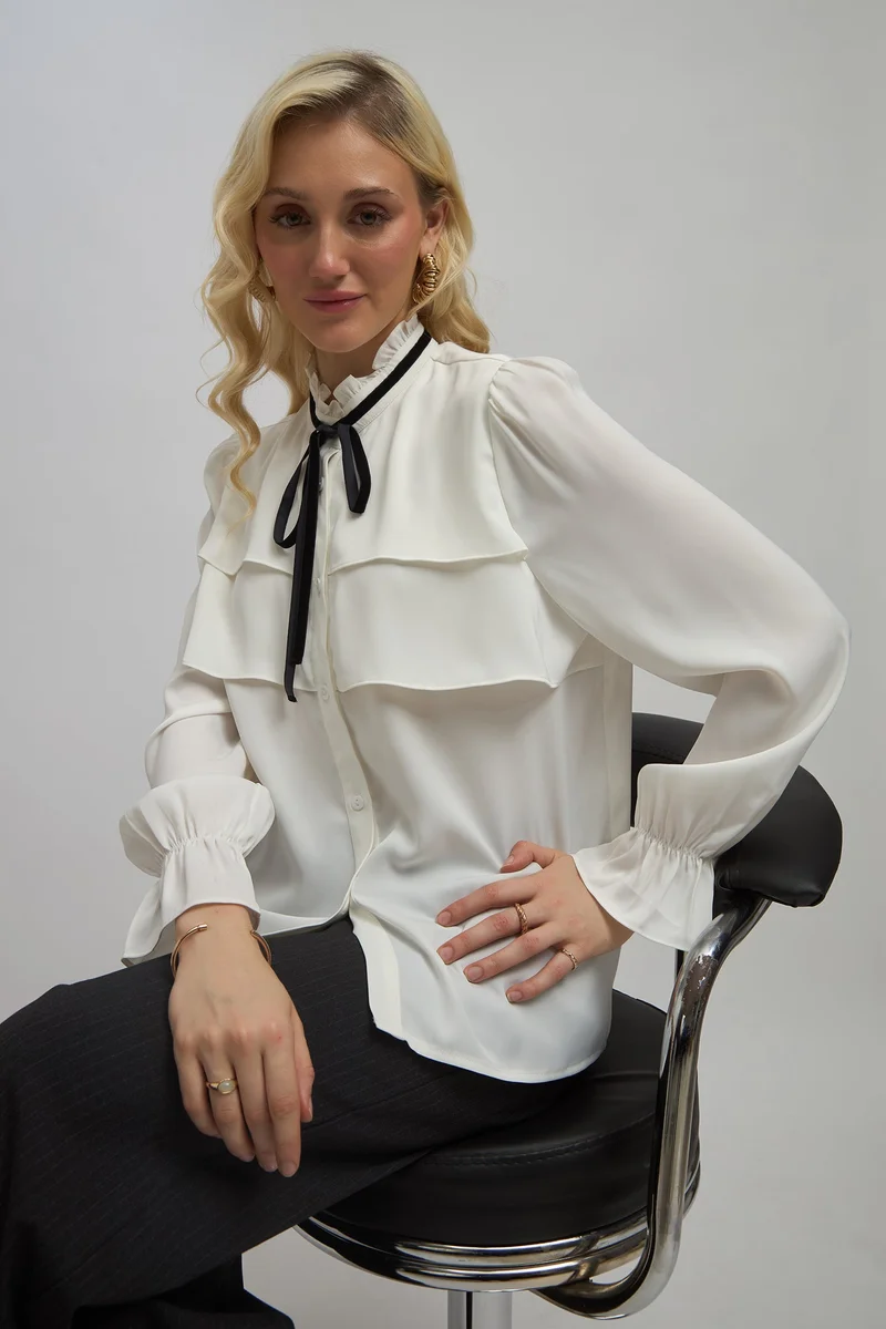 Virgio Virgio Mandarin Collar Bell Sleeve Ruffles Shirt Style Top
