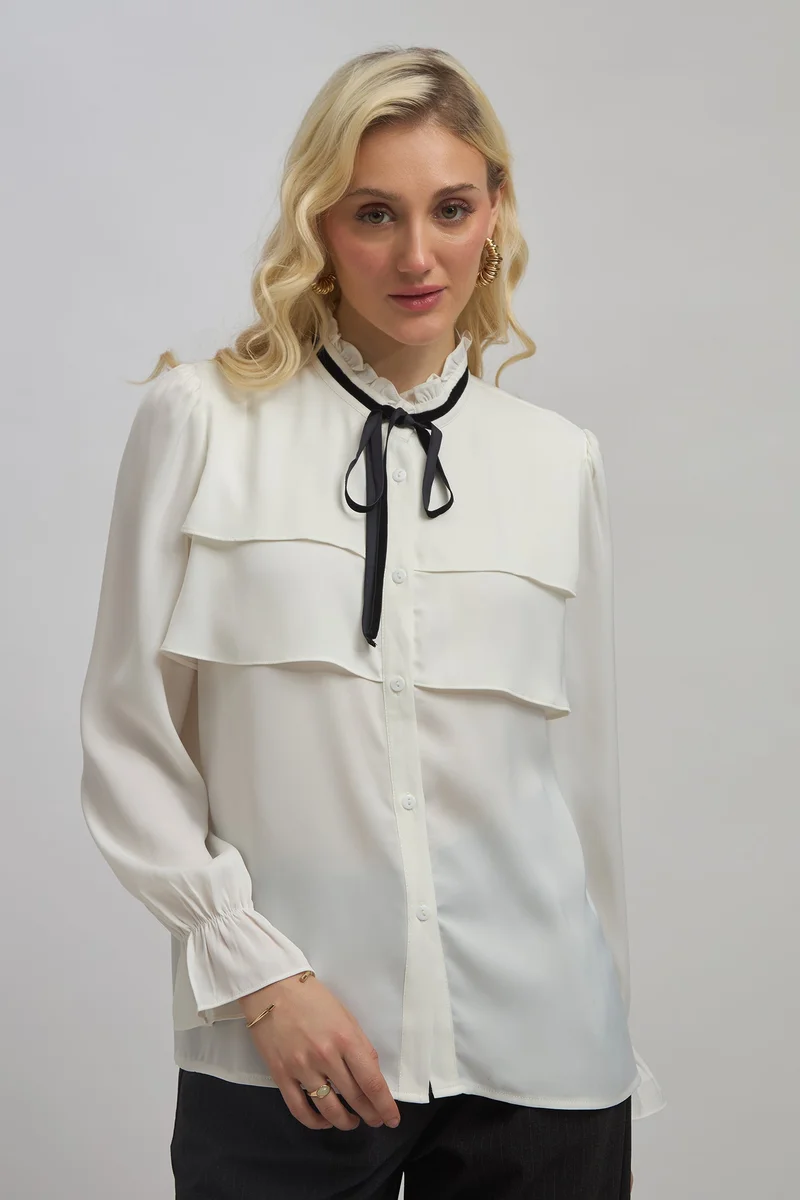 Virgio Virgio Mandarin Collar Bell Sleeve Ruffles Shirt Style Top