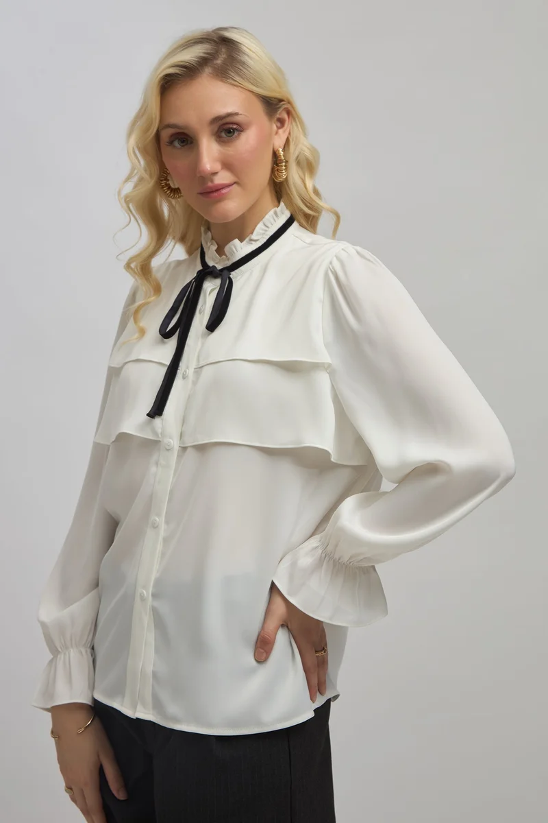 Virgio Virgio Mandarin Collar Bell Sleeve Ruffles Shirt Style Top