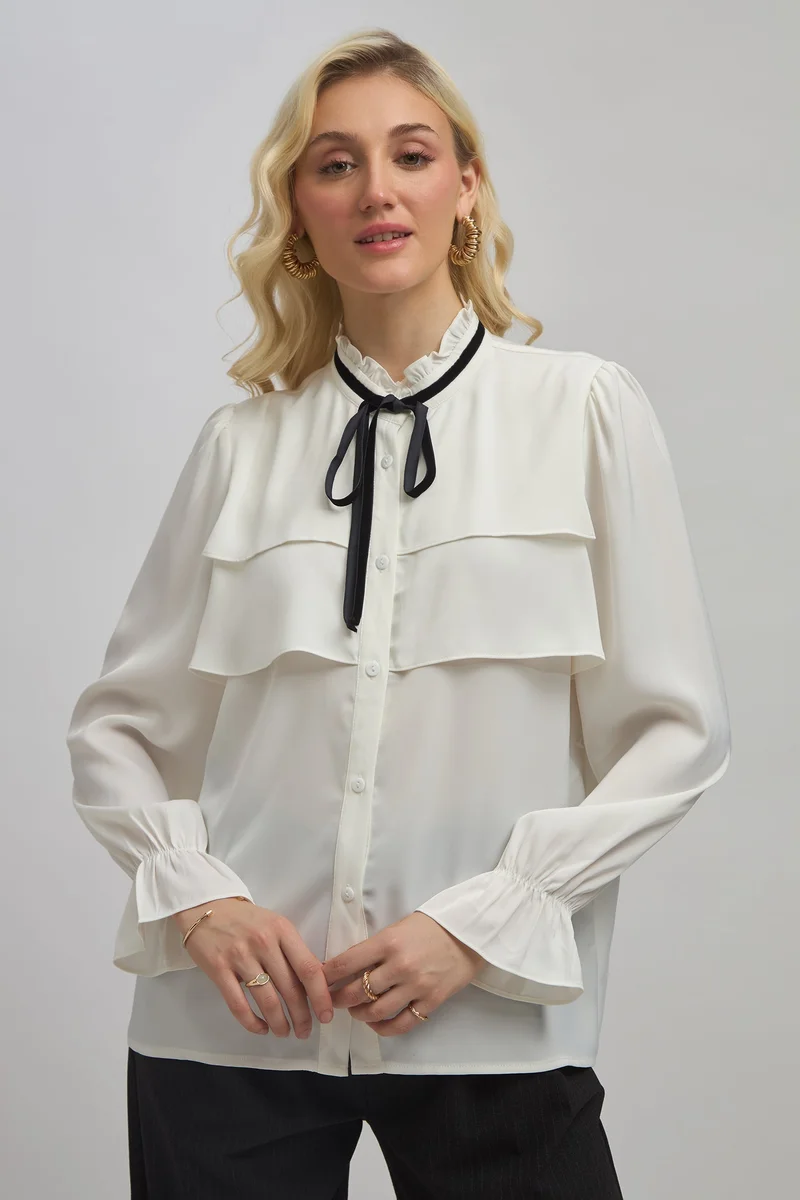 Virgio Virgio Mandarin Collar Bell Sleeve Ruffles Shirt Style Top