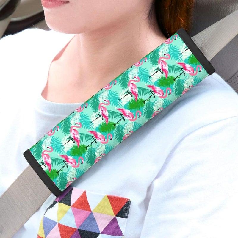 Floral Vector Summer Pattern Tropical Jungle Leaves Flamingo Seat Belt Cover Pad 2 PCS Universal Car Accessories Novelty Car Decor for All Cars and Backpack - Image 2