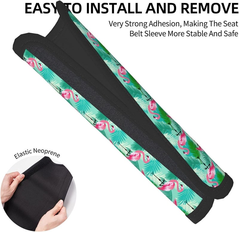 Floral Vector Summer Pattern Tropical Jungle Leaves Flamingo Seat Belt Cover Pad 2 PCS Universal Car Accessories Novelty Car Decor for All Cars and Backpack - Image 3