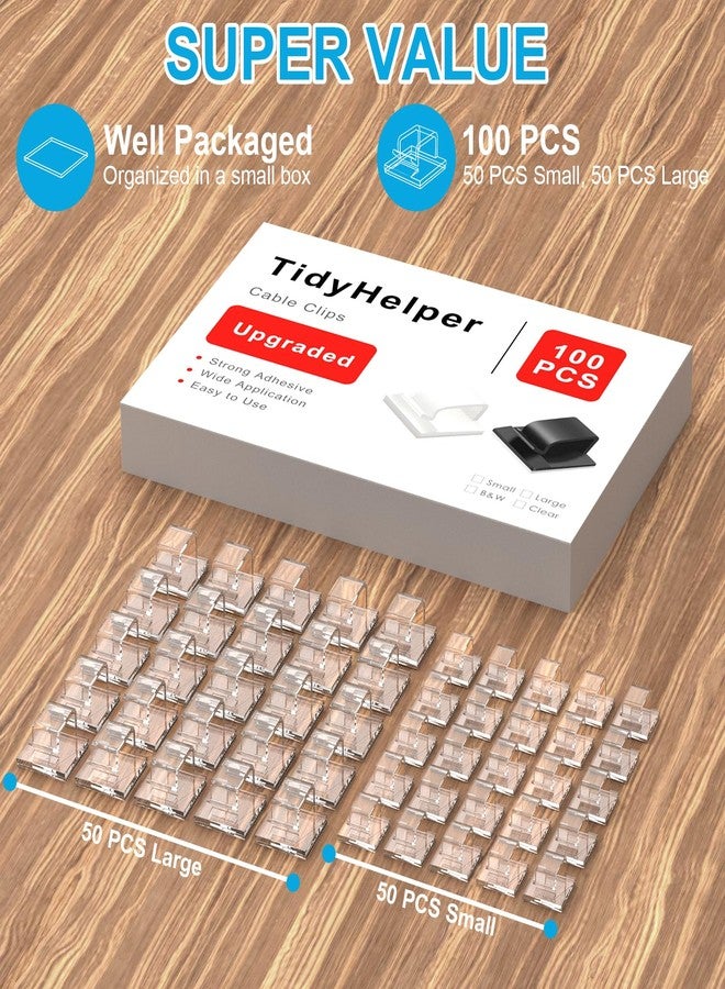 TidyHelper 100 قطعة من مشابك الإضاءة الخارجية الشفافة (صغيرة وكبيرة)، مشابك كابلات لاصقة لحامل أسلاك الحائط، منظم أسلاك، خطافات أضواء عيد الميلاد لسلسلة أضواء LED، كاميرا لوحة القيادة للسيارة، سلك تمديد - Image 2