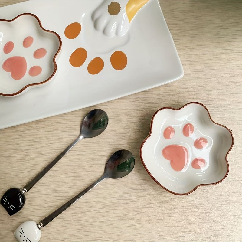 Cat Theme Spoon Rest Snack And Fruit Plate With Stirring Spoon 2pcs Black - Image 1