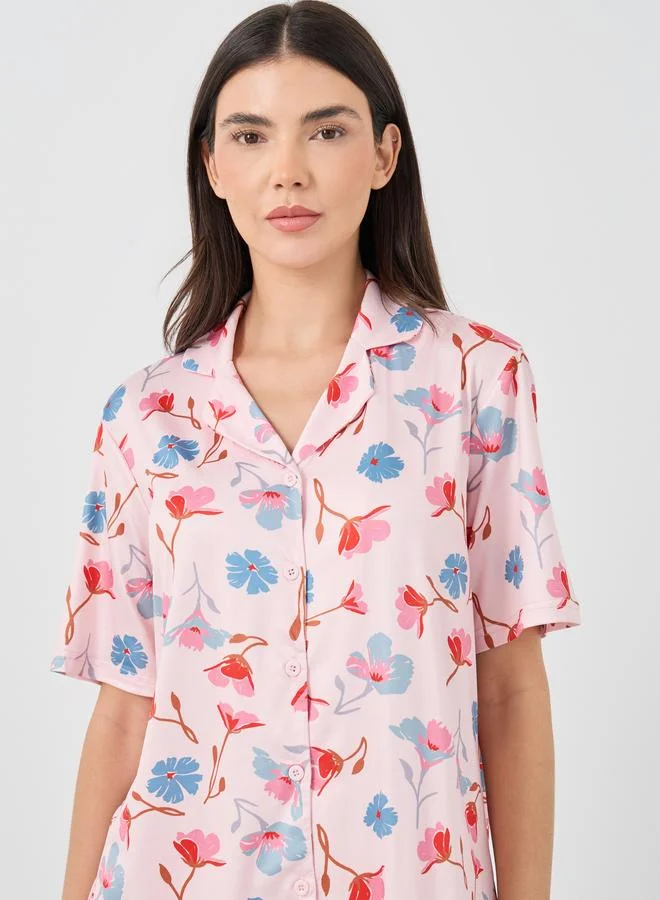 Take Two Take Two Floral Print Short Sleeve Shirt and Pyjama Set