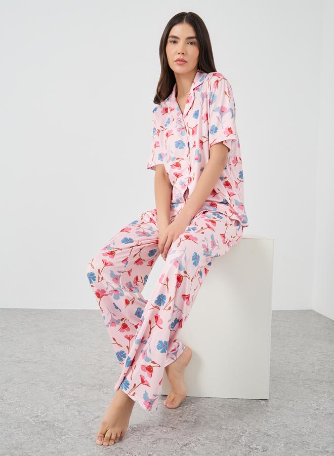 Take Two Floral Print Short Sleeve Shirt and Pyjama Set - Image 1