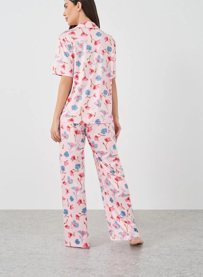 Take Two Take Two Floral Print Short Sleeve Shirt and Pyjama Set