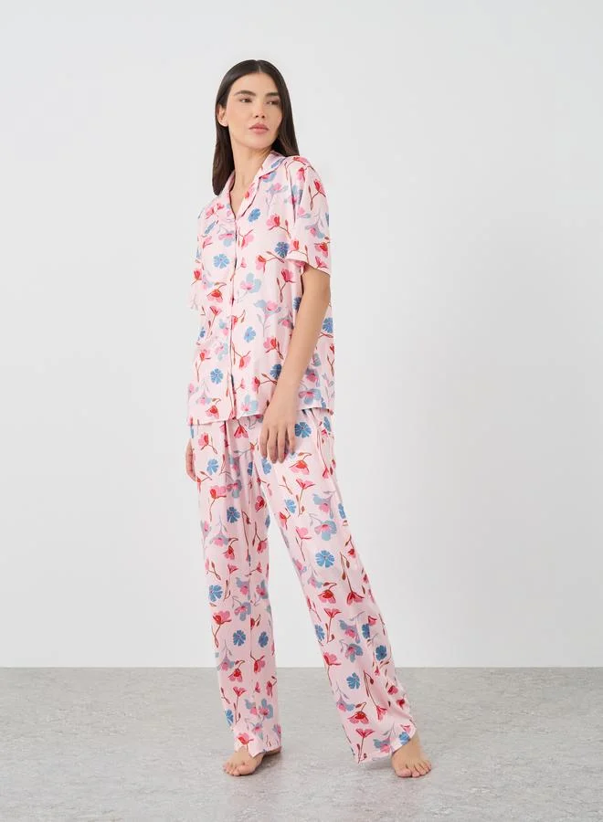Take Two Take Two Floral Print Short Sleeve Shirt and Pyjama Set