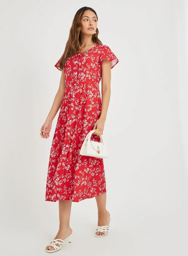 تايك تو Take Two Women Red Floral Print Button Front A-Line Midi Dress