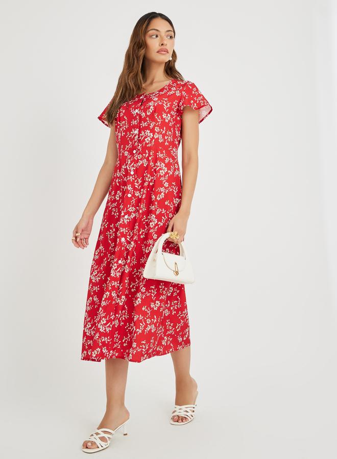 تايك تو فستان ميدي نسائي أحمر بطبعات زهور وأزرار أمامية - Image 2