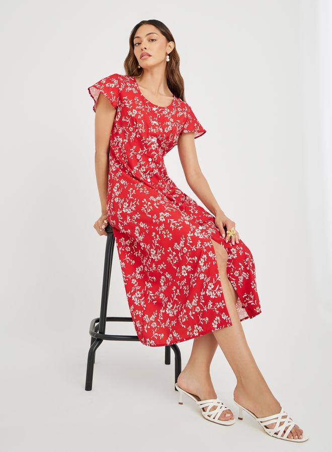 تايك تو فستان ميدي نسائي أحمر بطبعات زهور وأزرار أمامية - Image 1