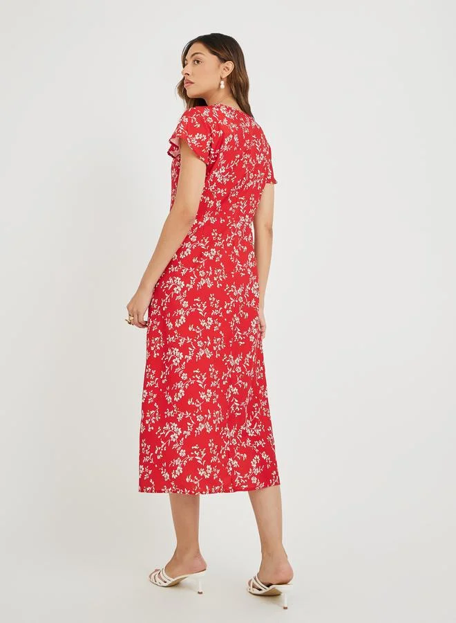 Take Two Take Two Women Red Floral Print Button Front A-Line Midi Dress
