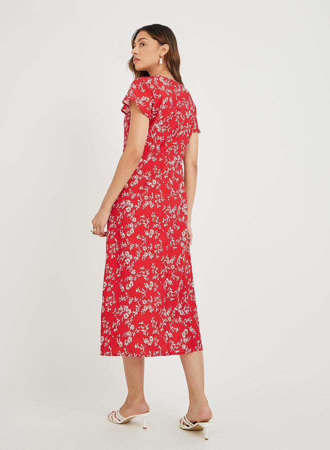 تايك تو فستان ميدي نسائي أحمر بطبعات زهور وأزرار أمامية - Image 5