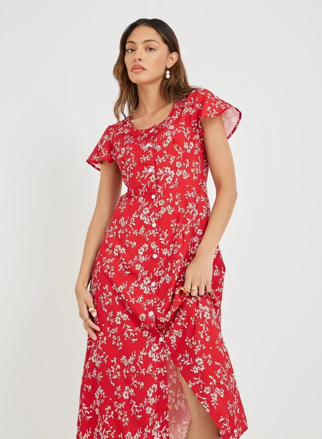 Take Two Take Two Women Red Floral Print Button Front A-Line Midi Dress