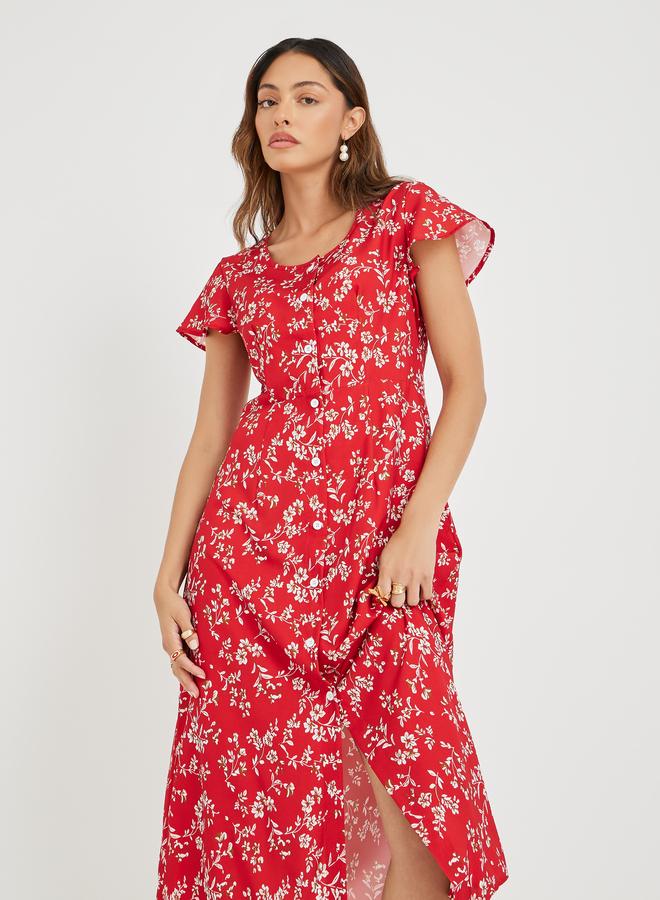 تايك تو فستان ميدي نسائي أحمر بطبعات زهور وأزرار أمامية - Image 3