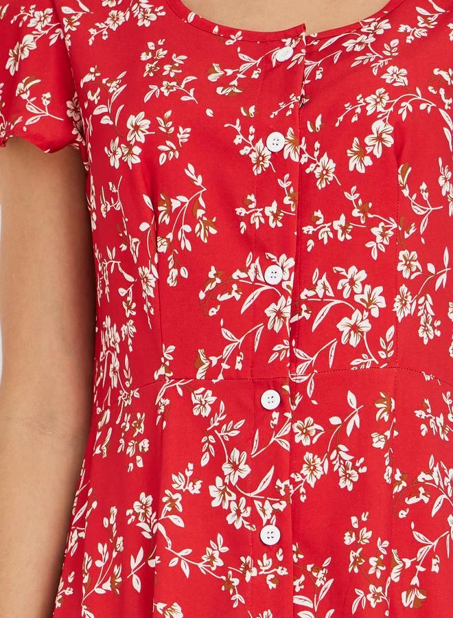 Take Two Take Two Women Red Floral Print Button Front A-Line Midi Dress